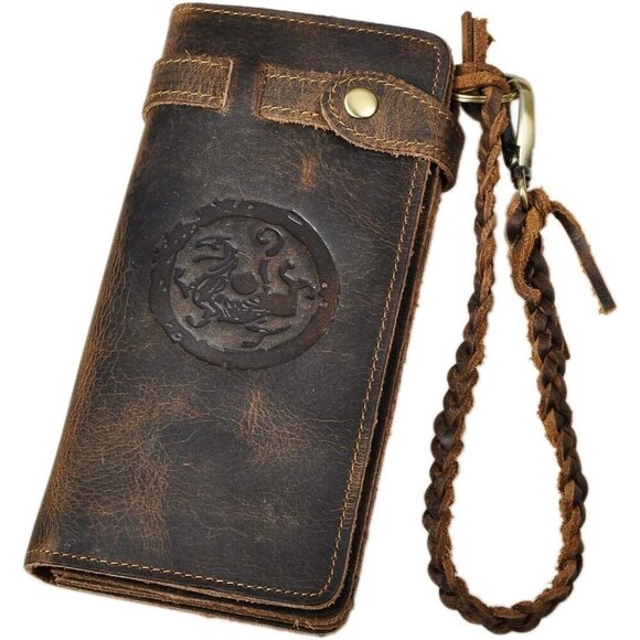 ✨Le'aokuu Men Brown Genuine Leather Organizer Checkbook Removable Chain Wallet - Picture 1 of 7